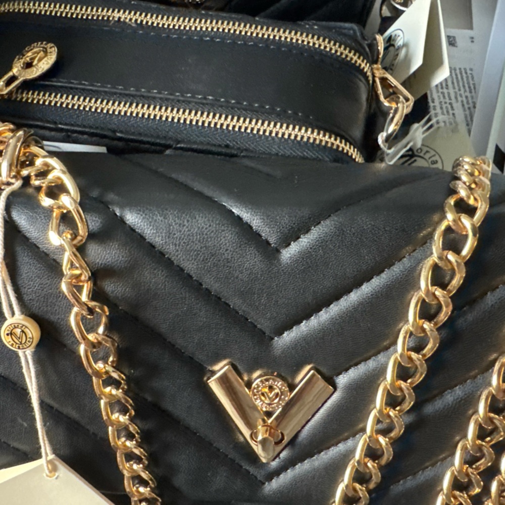 Valentino Orlandi Black Quilted Crossbody with Gold Chain